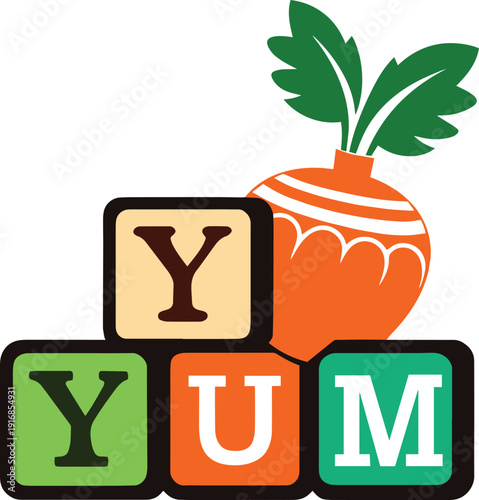 A playful logo features building blocks spelling yum alongside a vibrant orange carrot illustration high quality professional detailed