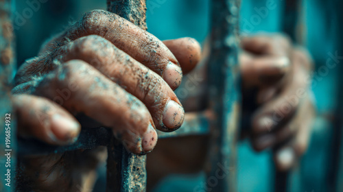 A close-up of dirty hands gripping rusty metal bars, symbolizing confinement, struggle, and the harsh conditions of imprisonment or captivity in a somber setting