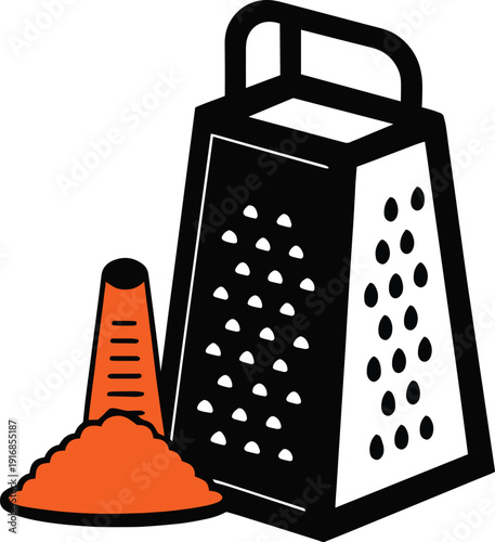 A black and white illustration depicts a metal grater alongside a partially grated orange carrot high quality professional