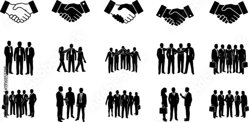 Set of business people shaking hands and teamwork silhouettes