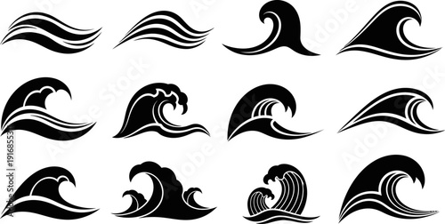 set of black and white wave silhouettes in different shapes and sizes  ocean waves