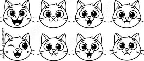 set of cartoon cat faces with different expressions on white background