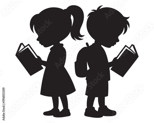 Silhouette of a young girl and boy engrossed in reading books with backpacks.jpg	Silhouette of a young girl and boy engrossed in reading books with backpacks	Two children a boy and a girl shown as bla