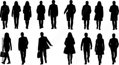 set of silhouettes of business people walking in various poses on white background