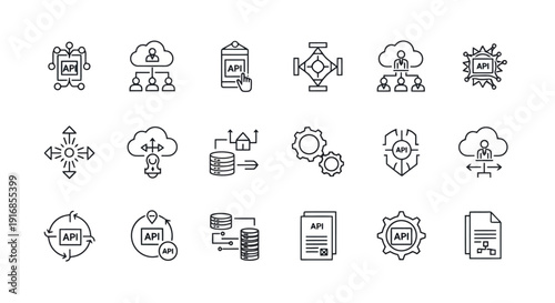 Collection of API Icons Representing Software Integration and Data Exchange.