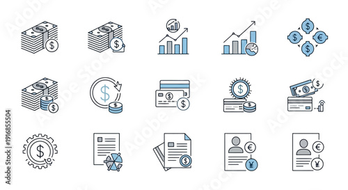 Collection of Financial and Business Icons Representing Money and Growth.