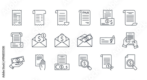 Collection of Financial and Business Icons Representing Transactions and Documents.