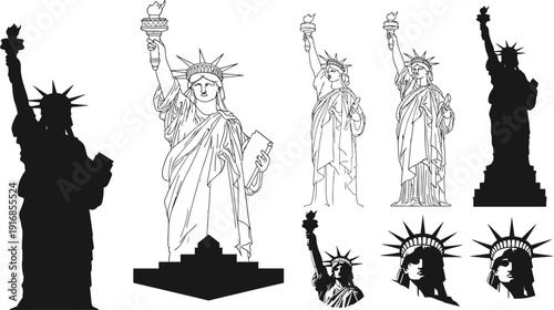 Statue of Liberty illustrations in various styles and poses on white background