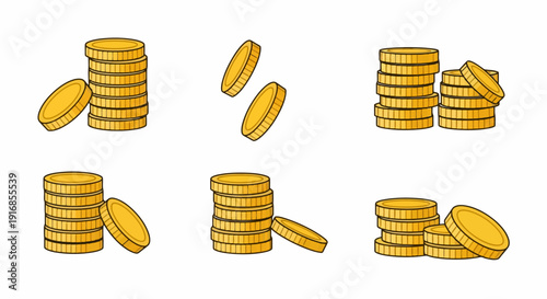 Collection of Golden Coin Stacks and Falling Coins.