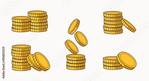 Collection of Golden Coin Stacks and Falling Coins.
