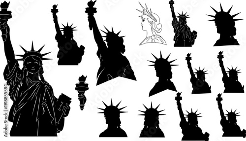 statue of liberty silhouettes and illustrations in various styles and poses on white background