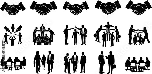 Collection of business people and handshake silhouettes in various actions and poses