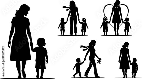 Silhouette of mothers and children walking hand in hand in various poses and settings
