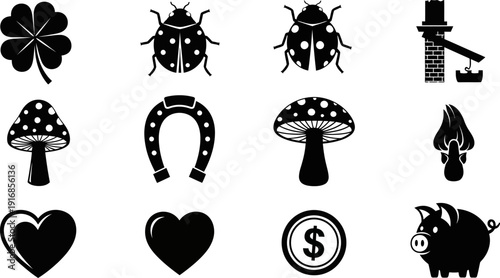 Collection of various black silhouettes and icons on white background
