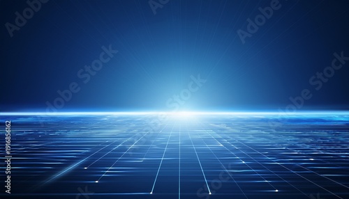 minimalist futuristic blue background with glowing light on horizon and reflective surface for creative abstract concept designs