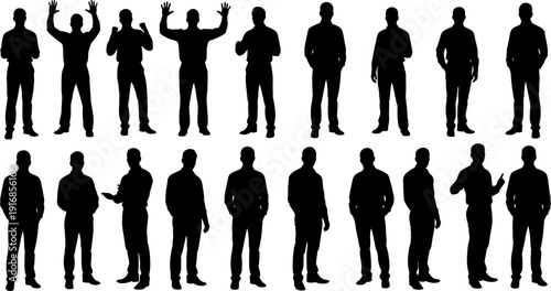 Collection of various black silhouettes of a man in different poses