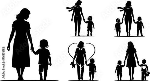 Silhouettes of mothers and children holding hands walking together in various poses