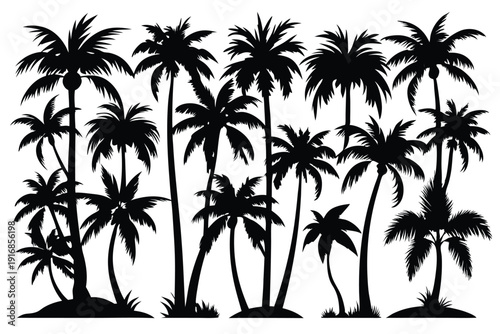 set of palm tree silhouette line art vector illustration with a white background