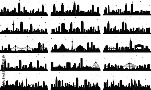 collection of city skylines with various silhouettes and bridges at night