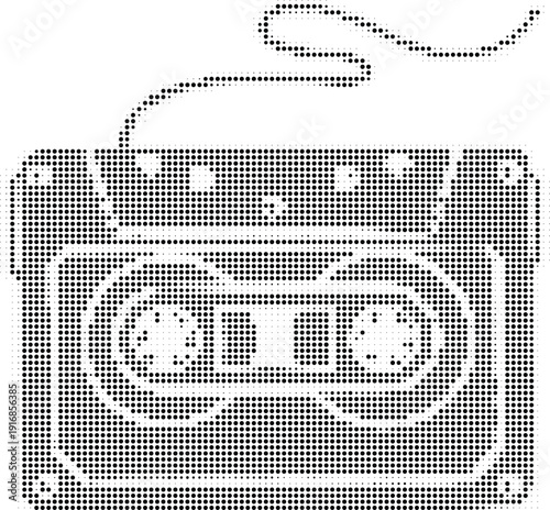 Retro pixel art cassette tape with a flowing ribbon, evoking 80s music nostalgia.