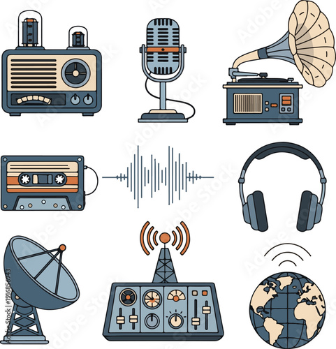 Vintage Audio Technology and Retro Communication Equipment Vector Icon Set