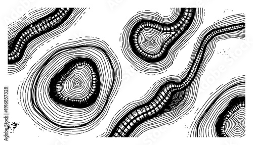 Abstract engraving of millipedes crawling through concentric organic circles and patterns