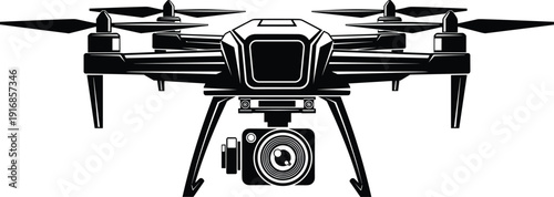 Black vector silhouette of a modern quadcopter drone with a professional camera for aerial photography videography surveillance technology and high tech equipment branding