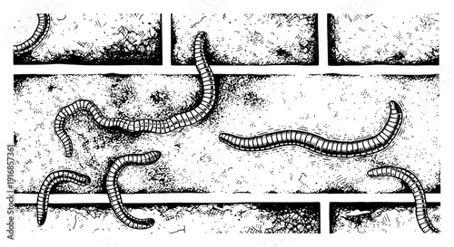 Earthworms crawling on brick surface in vintage engraving hand drawn style