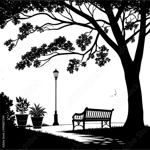 Park pathway silhouette with a shaded tree, bench, and lamppost, suggesting a quiet stroll.