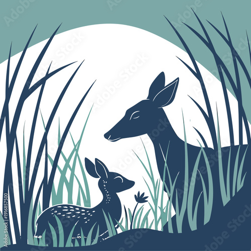 Artistic depiction of a doe and fawn nestled among tall reeds and grasses with a soft blue and green color palette.