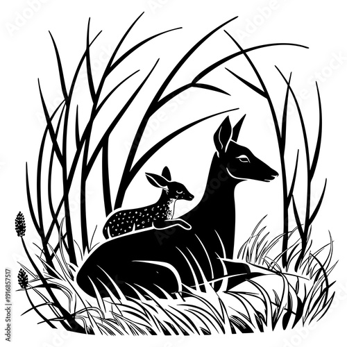 Silhouette of a mother deer and fawn resting in tall grass, with the fawn lying on the mother's back.