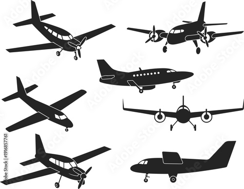 Black vector silhouette set of private light aircraft and small propeller planes in various flight positions for civil aviation travel and aerospace company branding