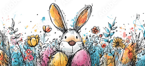 Easter bunny holding decorated eggs and spring flowers wallpaper. Whimsical Easter bunny holding colorful decorated eggs and spring flowers in hand-drawn doodle style