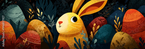 Easter bunny with folk art patterned eggs in nature. Easter poster. Happy rabbit and decorated Easter eggs among stylized plants, celebrating spring