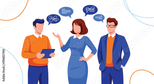 Business people discussion vector illustration. Includes teamwork, communication, conversation, and collaboration symbols. Created in modern style with colorful palette.