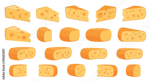 A collection of various cheese types and cuts on a white background