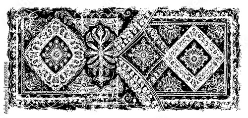 Ornate bohemian rug pattern with intricate mandala ornaments and decorative borders in white ink style