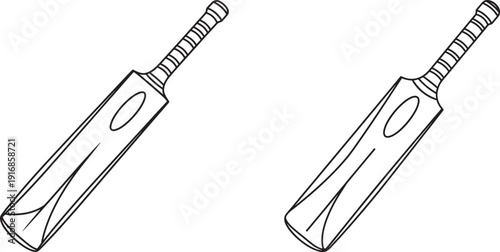 Cricket bat illustration, side view, black and white vector graphic, sports equipment concept