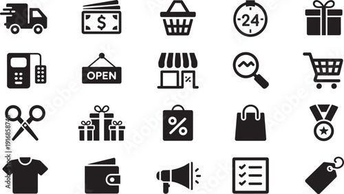 Shopping retail business icons set with store cart payment and ecommerce symbols isolated EPS pack.