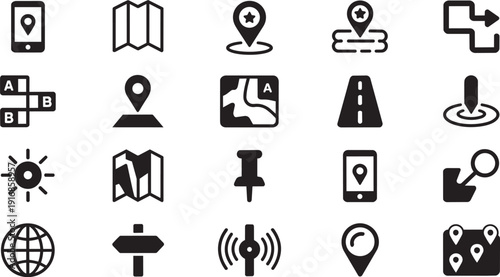 Map navigation location icons set with GPS pin route and travel symbols isolated EPS vector pack.