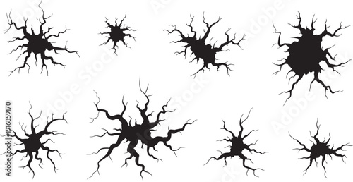 Cracked ground fissures and earth crack shapes vector set isolated on white background EPS illustration pack.