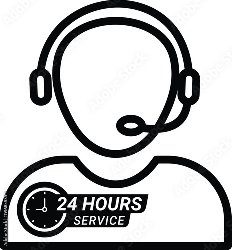 24 Hours Customer Support Service Icon with Headset Operator and Clock Badge Vector EPS