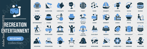 Recreation and entertainment fill icon collection. Includes festival, casino, music, travel, restaurant and relaxation symbols. Created in colored style with blue palette