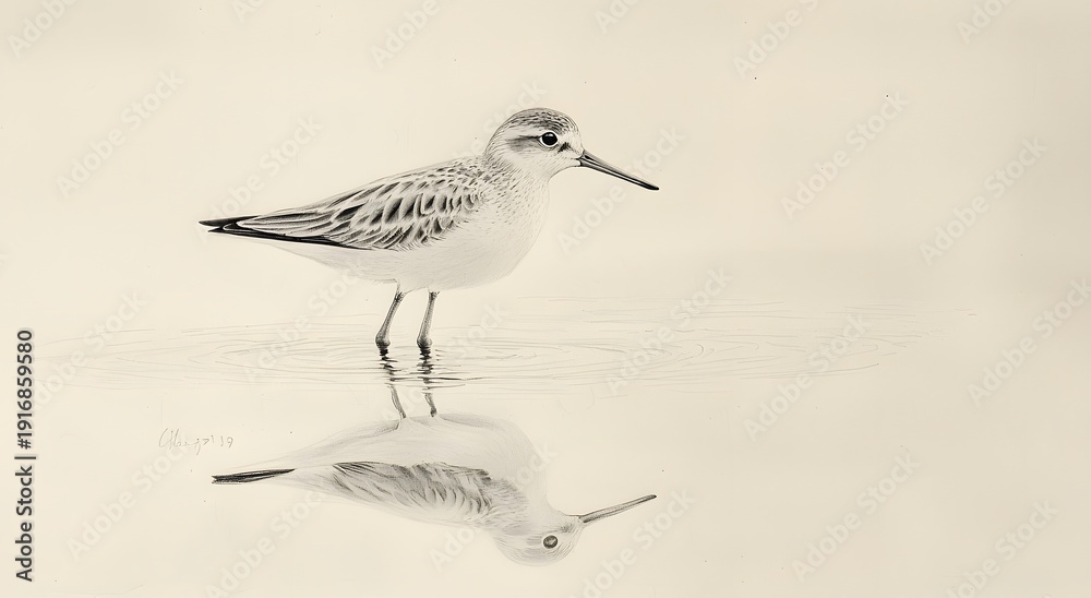 Obraz premium Sandpiper wading bird minimalist background realistic pencil art picture