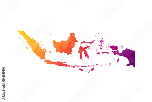 Indonesia Map - Polygon Style Vector Illustration in Orange and Pink Gradient, Low Poly Geometric Design, Isolated on White Background for Infographics and Education.