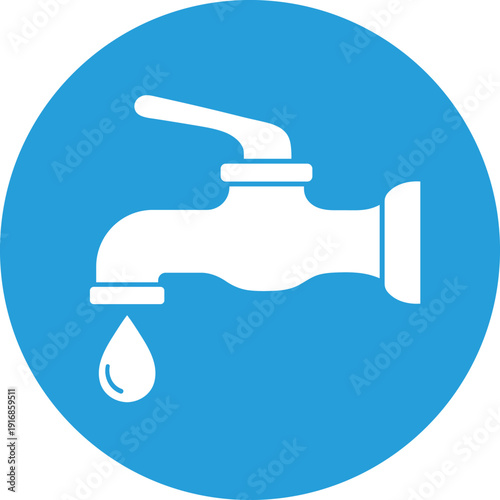 White water tap with dripping water droplet on blue circle background faucet