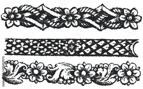 Vintage border vectors. Engraved baroque ornament frieze with floral strapwork and knots. Decorative dividers for certificate and frame