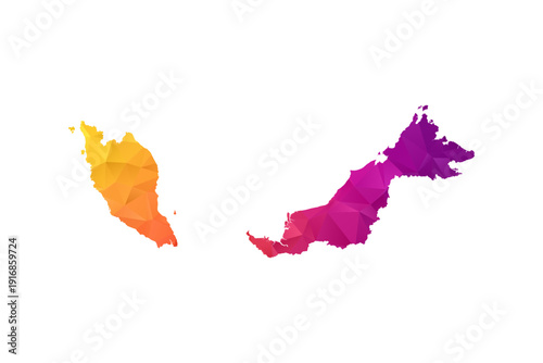 Malaysia Map - Polygon Style Vector Illustration in Orange and Pink Gradient, Low Poly Geometric Design, Isolated on White Background for Infographics and Education.