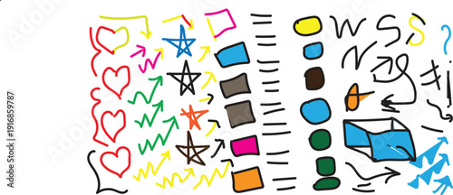 A colorful abstract drawing with various shapes and symbols