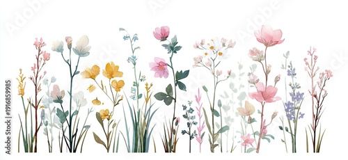 Delicate watercolor illustration of a diverse collection of wildflowers in soft pastel shades